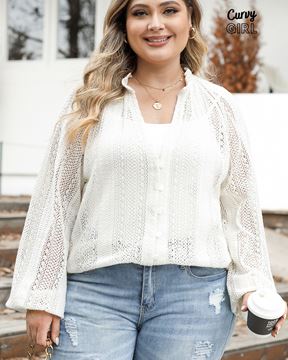 Picture of CURVY GIRL CREAM LACE V NECK BUTTON UP SHIRT